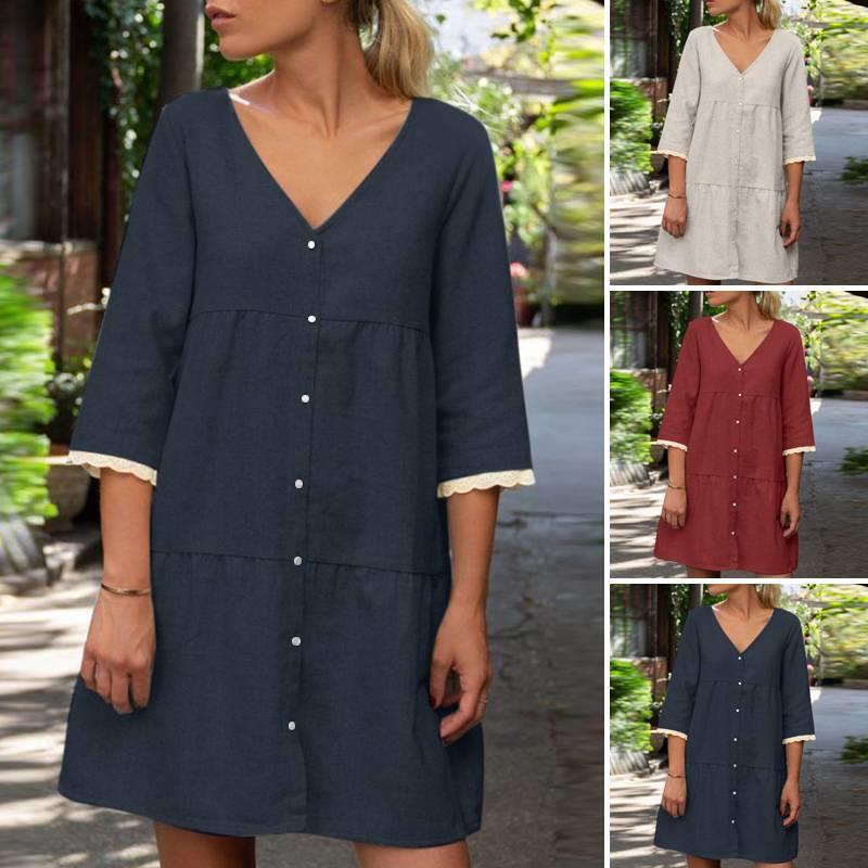 Solid Color Casual Stand Collar Button Length Dress