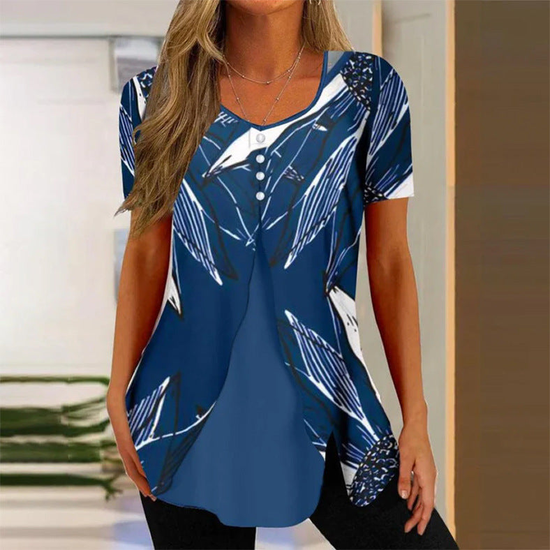 Summer New Women's Round Neck Printed Fake Two Pieces Short Sleeve Shawl Pullover T-shirt Tops