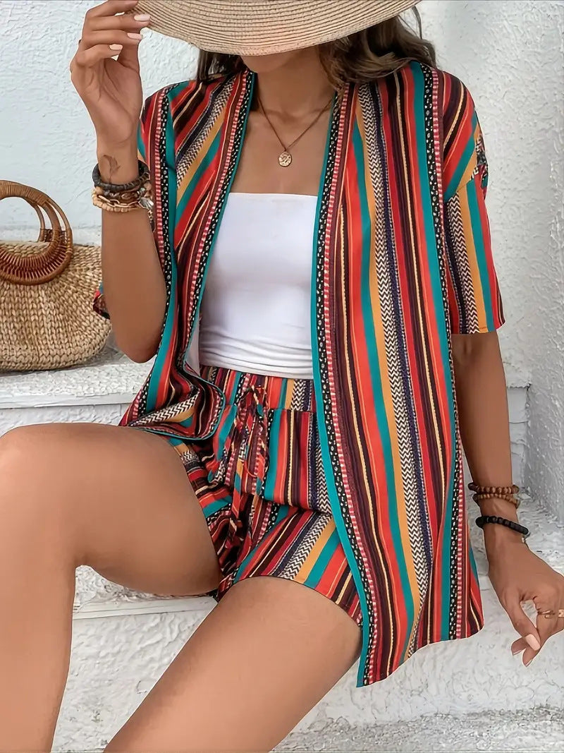 Holiday Floral Print Elegant Two-piece Shirt Short Sleeve Top Drawstring High Waist Shorts