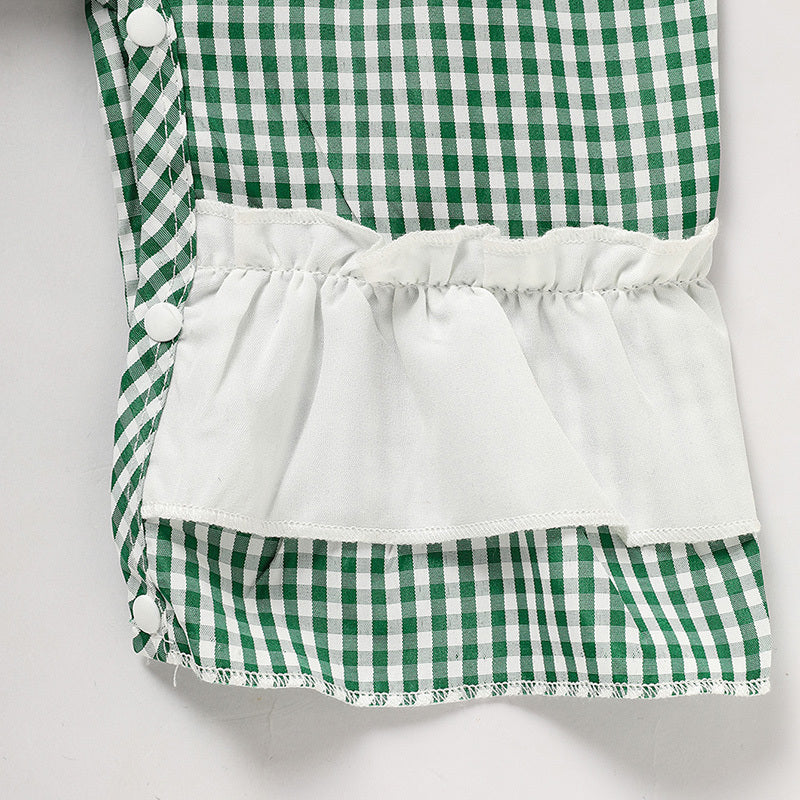 Ewborn Baby Girls Green Plaid Four-leaf Clover Allover Print One-piece Long Sleeve Bodysuit