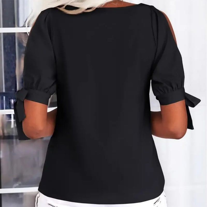 Womens Summer Cold Shoulder Tops Short Sleeve Tie Knot V Neck T Shirts Blouses
