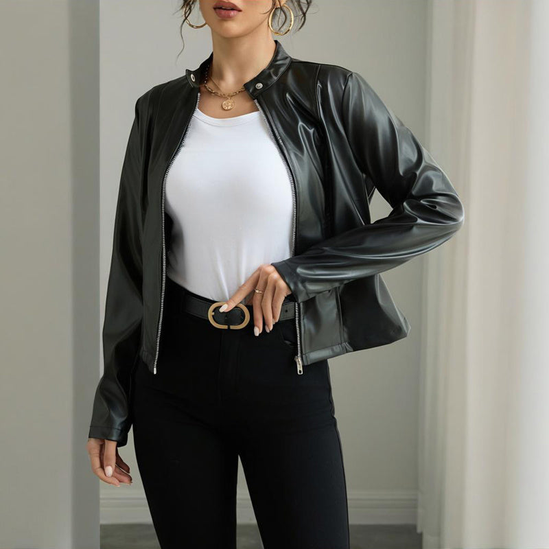 Women's Solid Color Long Sleeve Stand Collar Faux Leather Blazer - Single Button Zippered Jacket For Fall&Winter