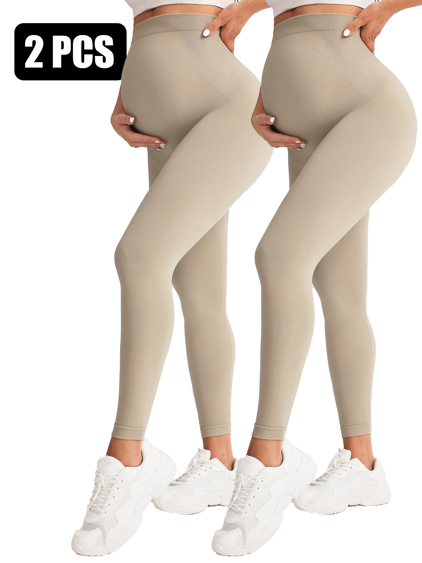2 Pack Maternity High-Waisted Seamless Yoga Pants For Women - Tummy Support Fitness Leggings