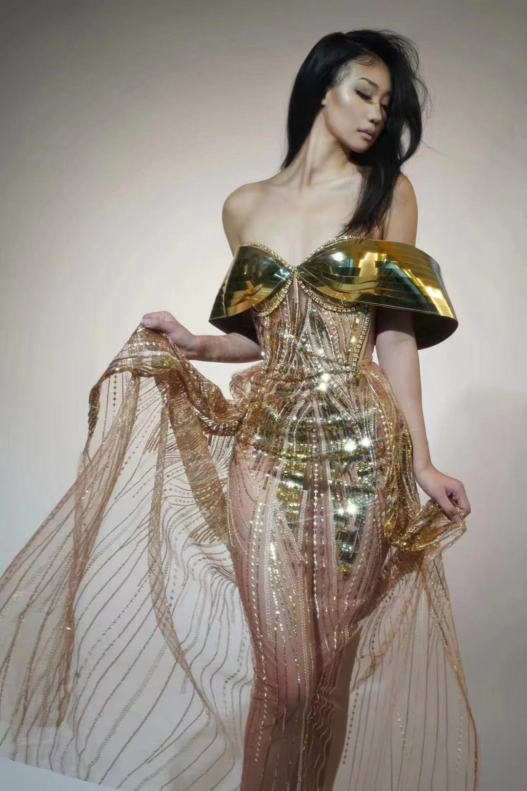 Gold Strapless Sequined Split Dress Women Tube Top Tulle