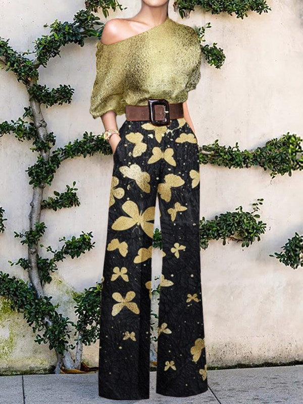 European American Fashion Floral Print One-shoulder High Waist Jumpsuit For Women