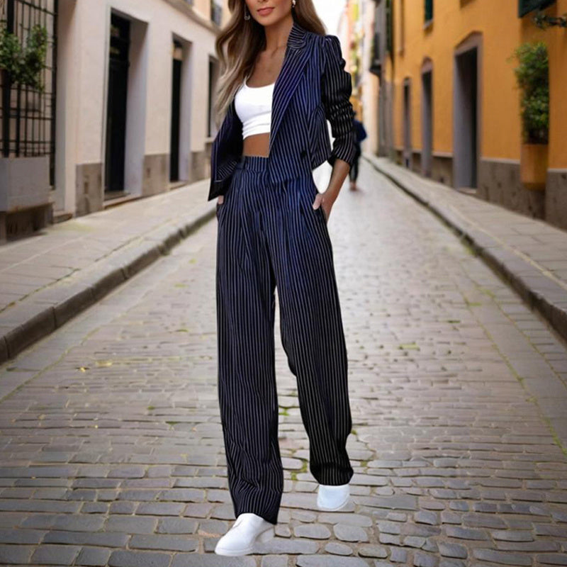 Women's Solid & Striped Long Sleeve Blazer Suit Set - Button-Up Cropped Top With Pleated Pants, Office Work Wear