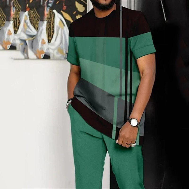 Men's Printed Color Block Pattern Sports Leisure Lining Suit