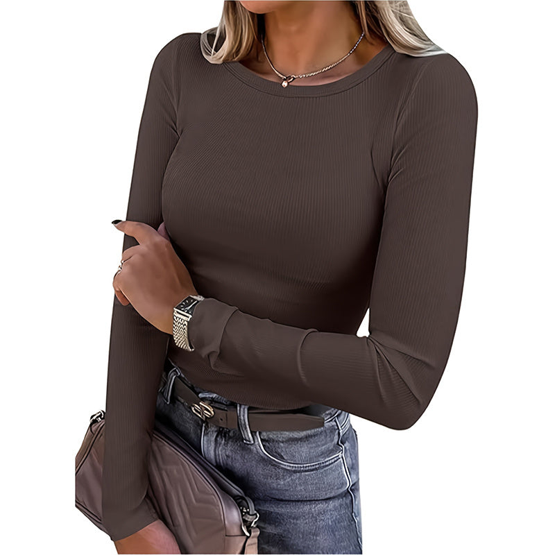3 Pack Women's Long Sleeve Shirts, Crew Neck Ribbed Tops Slim Fit Casual Knit Tees Stretch Basic T Shirts