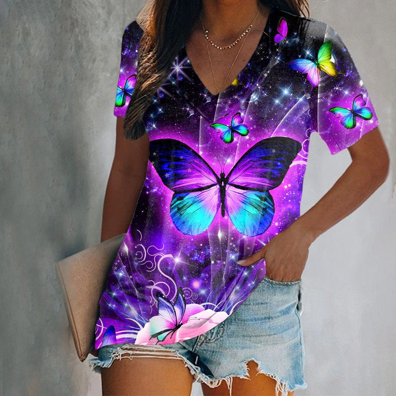 Gradient Tie-dye Printed V-neck Casual T-shirt Top