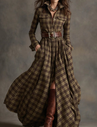 Ins Plaid Print Long-Sleeved Dress Fashion Pockets Collared Buttons Shirt Long Dresses Retro Women's Clothing