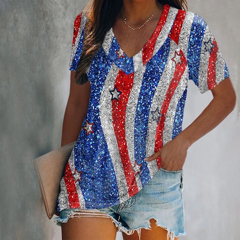 Gradient Tie-dye Printed V-neck Casual T-shirt Top