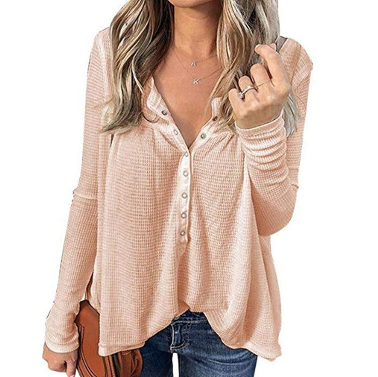 European And American Women's Waffle Loose Button Long-sleeved Top
