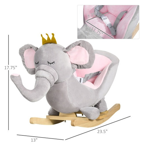 Qaba Baby Rocking Horse Elephant Rocking Chair Toddler Rocker Toy With Sound Wooden Base Seat Safety Belt For 1.5-3 Year Old, Gray