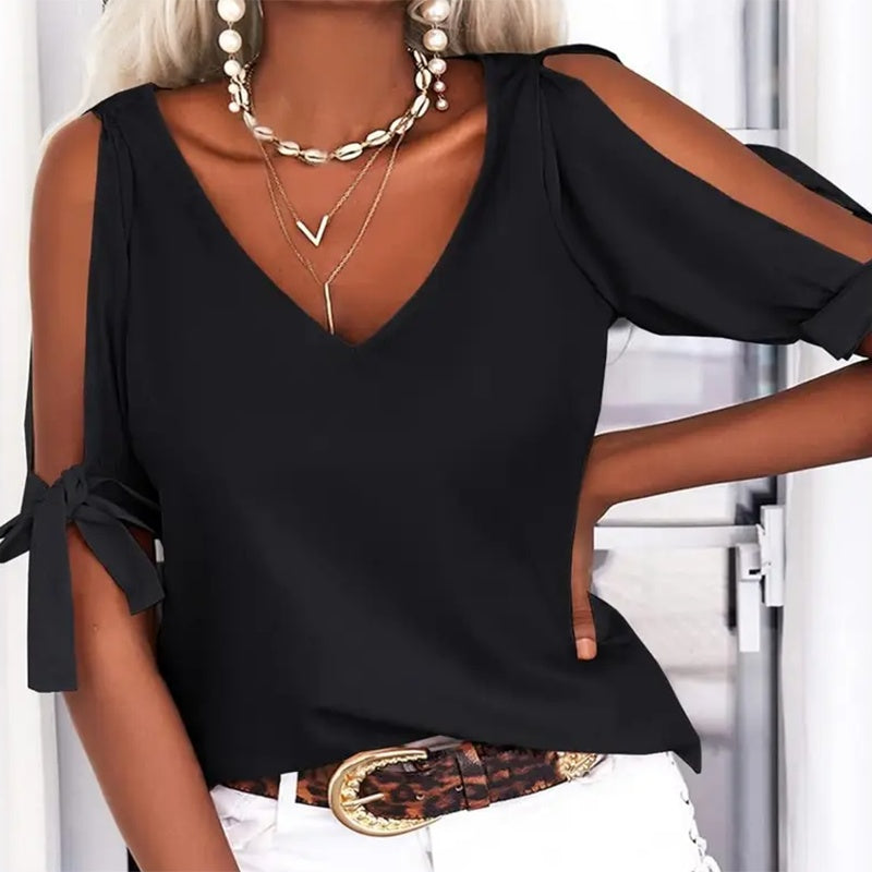 Womens Summer Cold Shoulder Tops Short Sleeve Tie Knot V Neck T Shirts Blouses