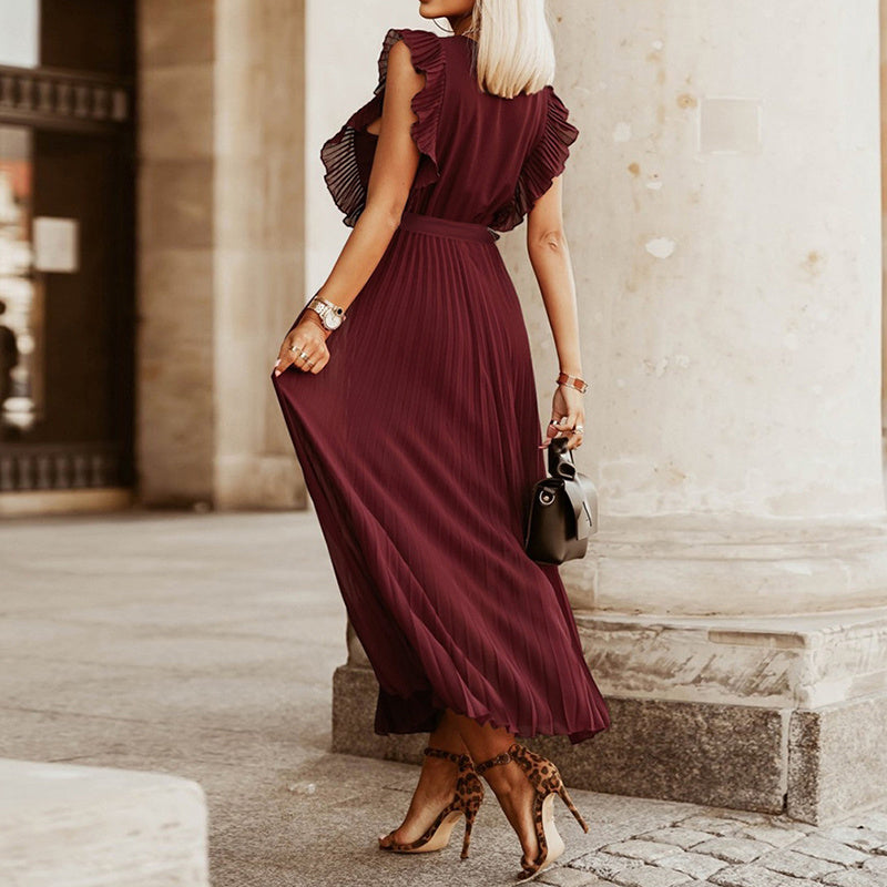 Women's Summer Maxi Dresses Elegant V Neck Ruffled Sleeves Empire Waist Pleated Flowy Wedding Guest Dress