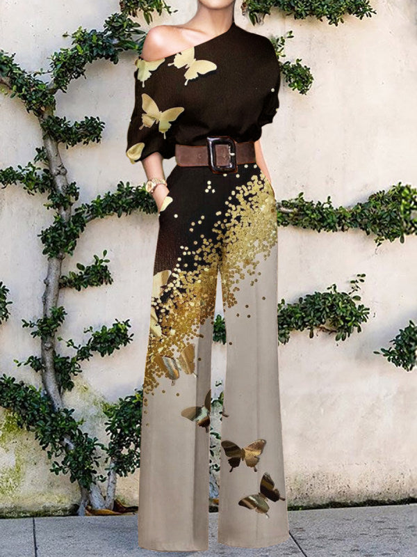 European American Fashion Floral Print One-shoulder High Waist Jumpsuit For Women