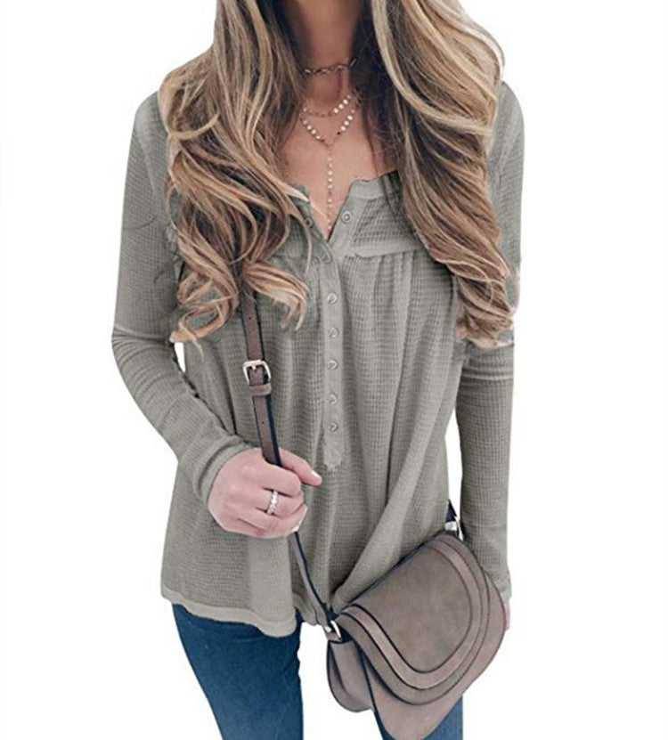 European And American Women's Waffle Loose Button Long-sleeved Top