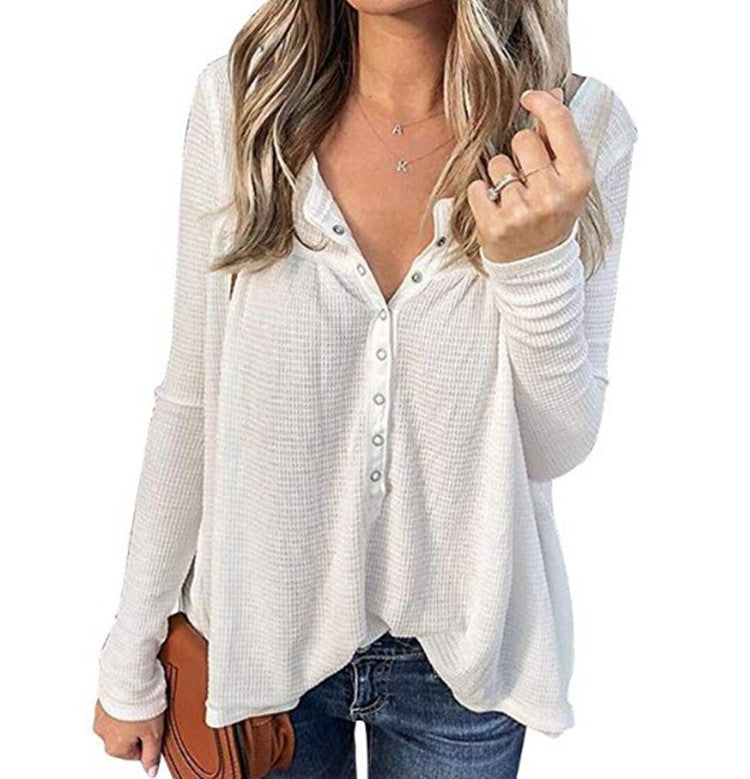 European And American Women's Waffle Loose Button Long-sleeved Top