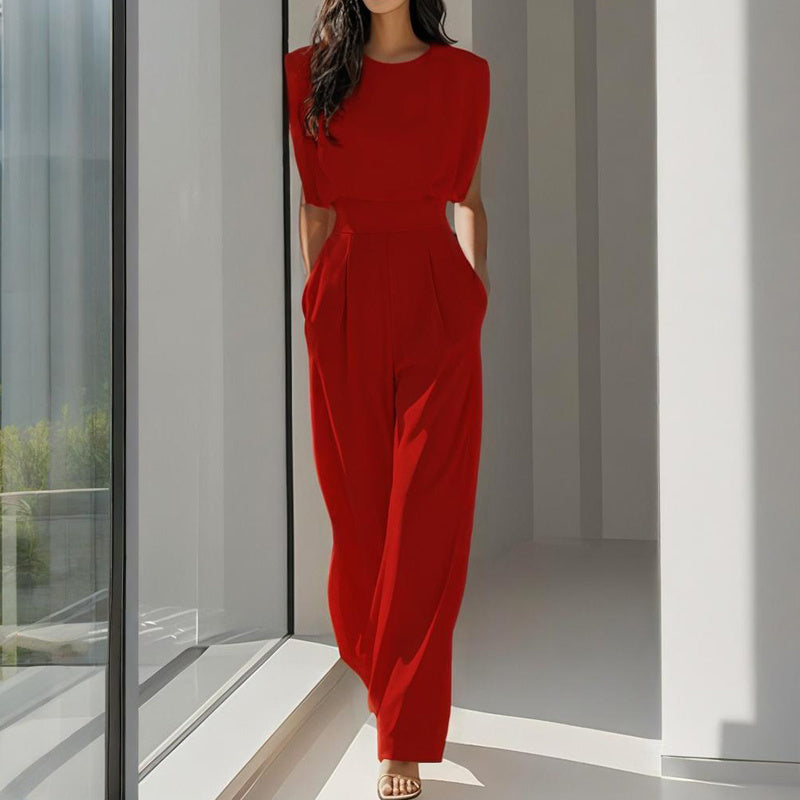 Women's Solid Color Round Neck Short Sleeve Wide-Leg Jumpsuit With Waist Design & Pockets Casual Romper For Spring&Summer