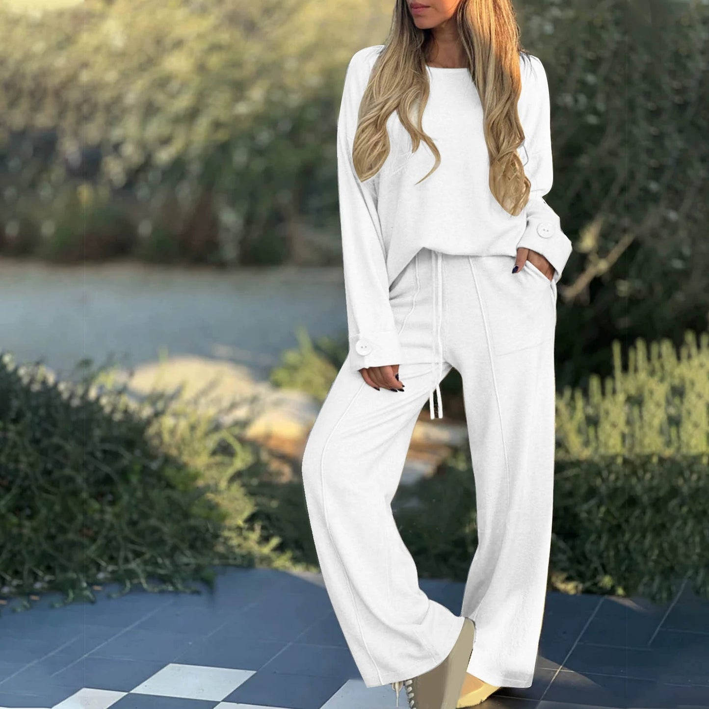 European And American Fashion Casual Set Solid Color Long-sleeve Suit Wide Leg Pants