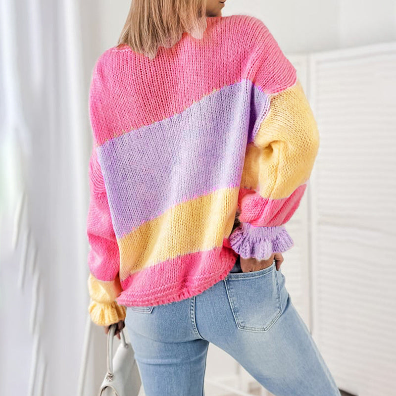 Women's Color Block V Neck Button Front Knit Cardigan Sweater Outerwear