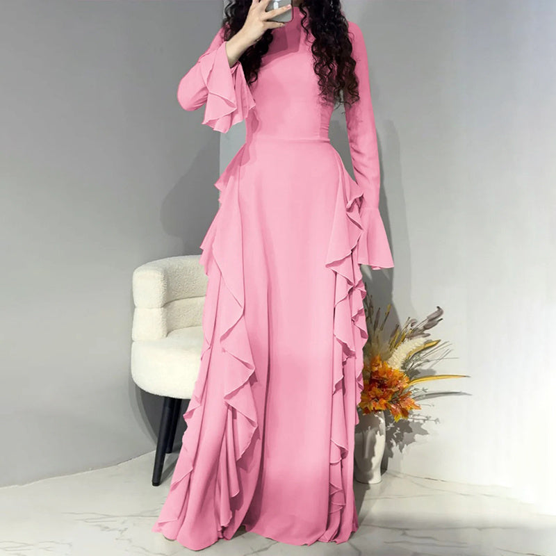 Women's Elegant Ruffles Dress, Slim Fit High Waist Bell Sleeve Wedding Guest Cocktail Tea Party Dresses