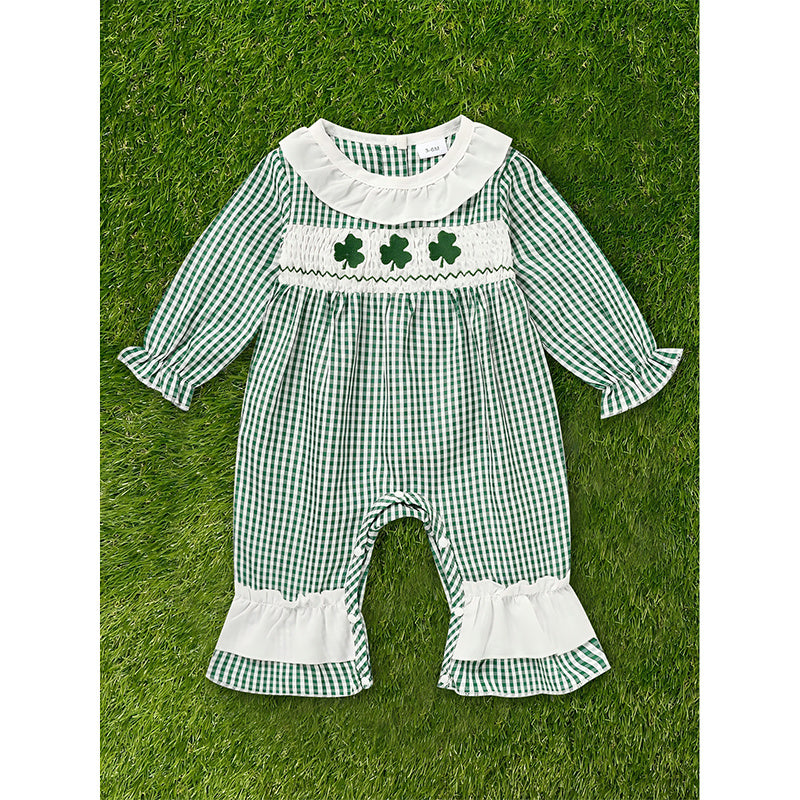 Ewborn Baby Girls Green Plaid Four-leaf Clover Allover Print One-piece Long Sleeve Bodysuit