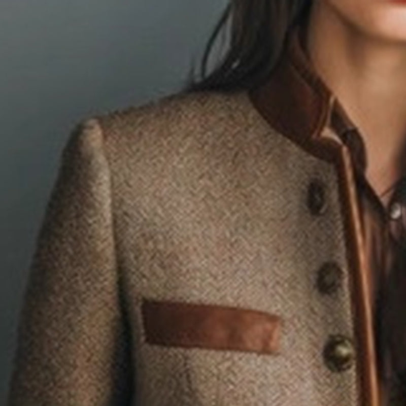 Women's Retro Elegant Jacket, Color-Block Button Front Coat With Stand Collar For Casual And Formal Wear