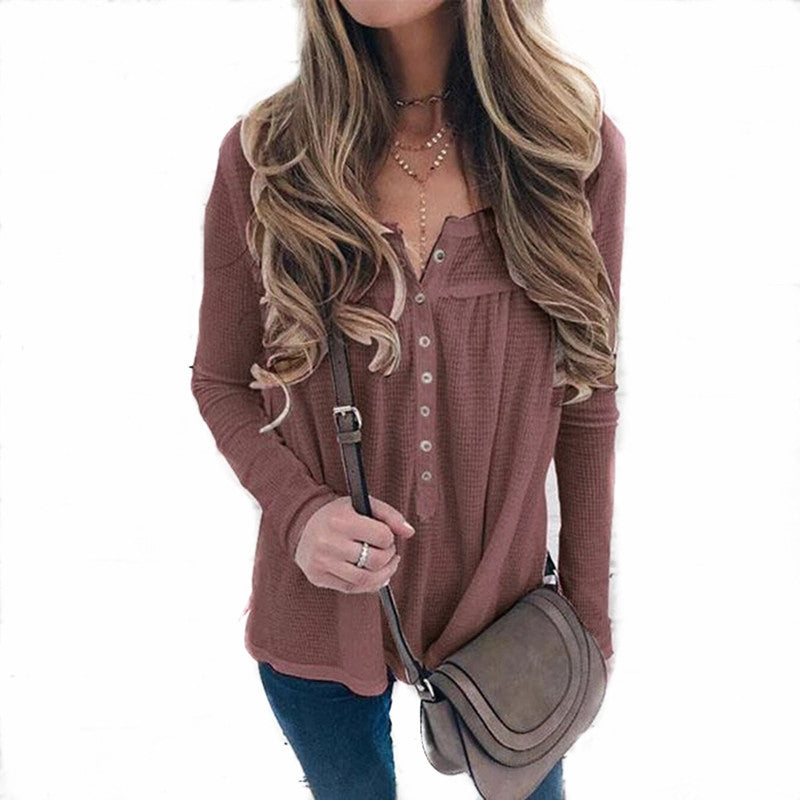 European And American Women's Waffle Loose Button Long-sleeved Top