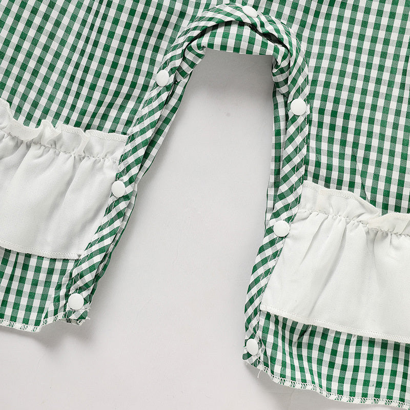 Ewborn Baby Girls Green Plaid Four-leaf Clover Allover Print One-piece Long Sleeve Bodysuit