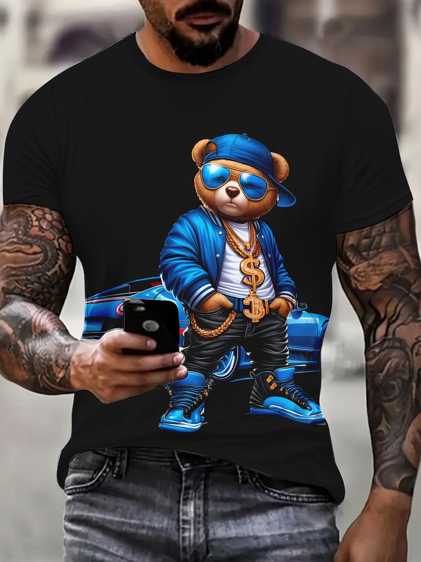 Men's Novelty T-shirt - Cool Bear Printed Casual Round Neck - Loose Short Sleeve - Cartoon Pattern T-shirt - Polyester Fabric - Easy To Care For