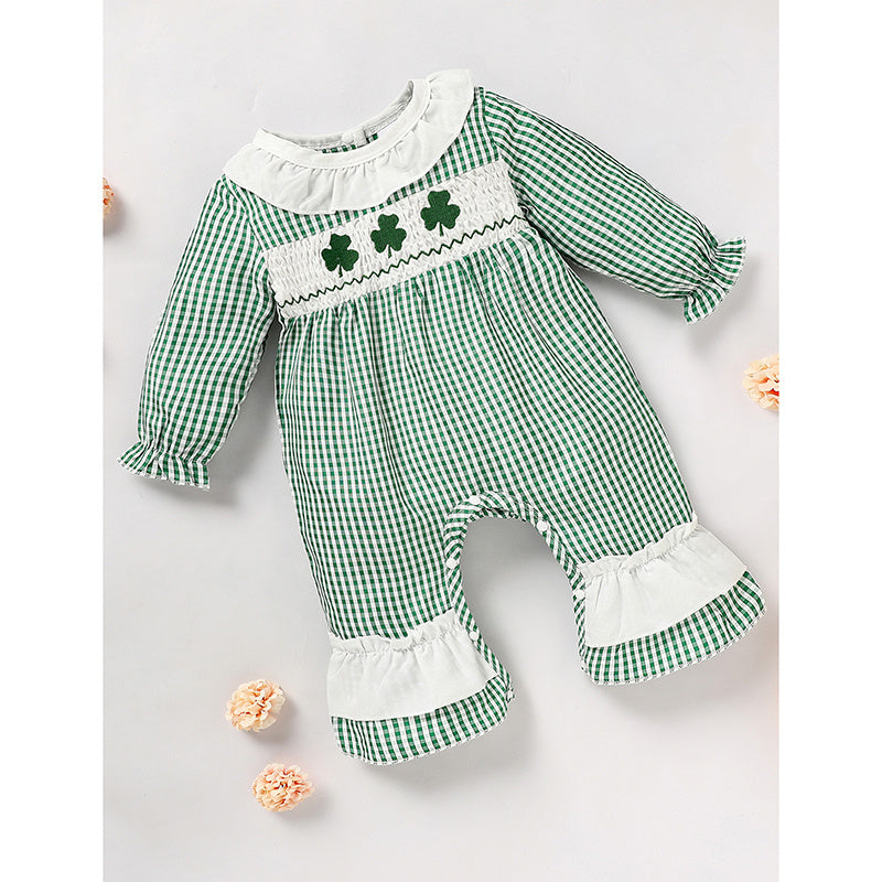 Ewborn Baby Girls Green Plaid Four-leaf Clover Allover Print One-piece Long Sleeve Bodysuit