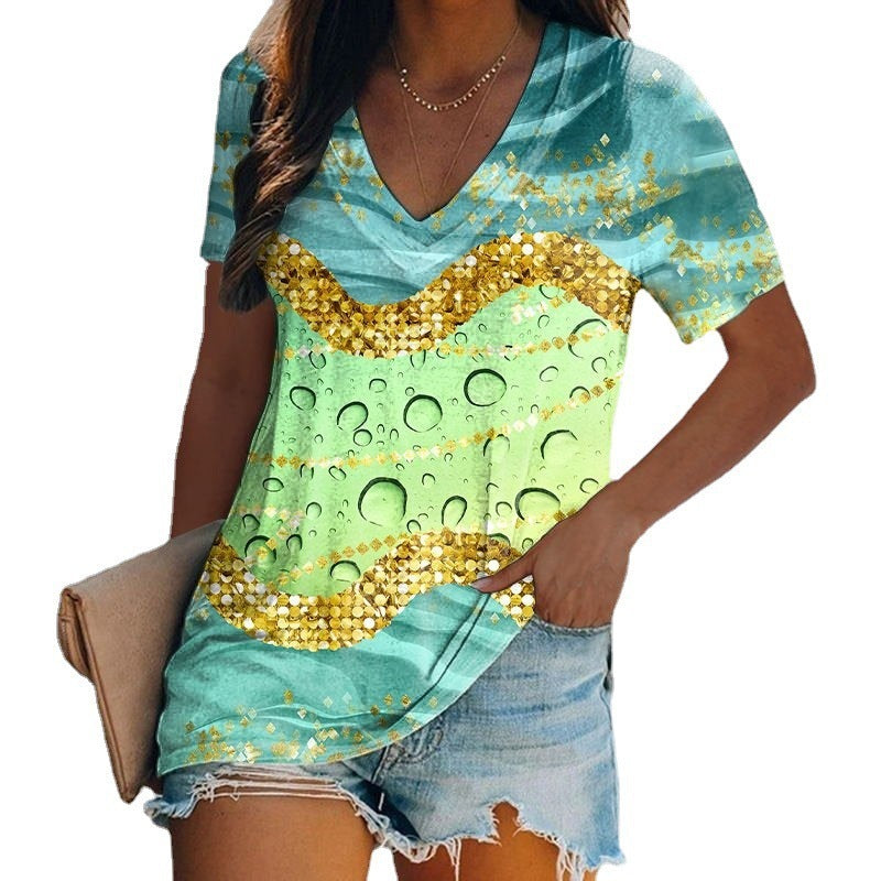 Gradient Tie-dye Printed V-neck Casual T-shirt Top