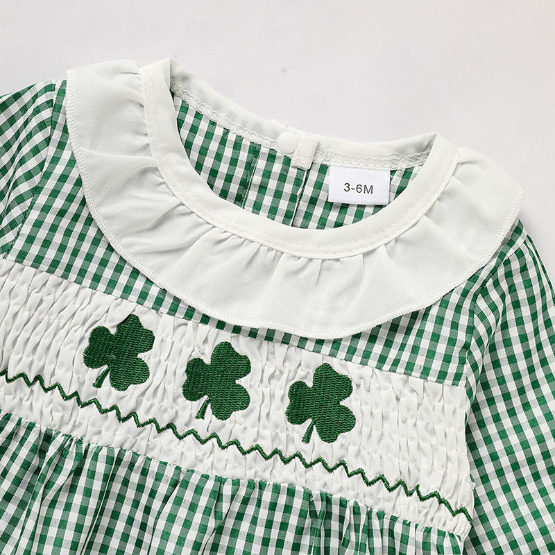 Ewborn Baby Girls Green Plaid Four-leaf Clover Allover Print One-piece Long Sleeve Bodysuit