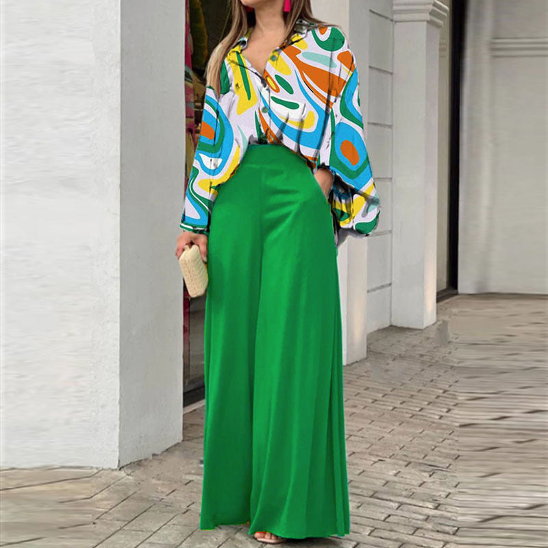 Women's Printed Shirt Wide Leg Pants Fashion Casual Set
