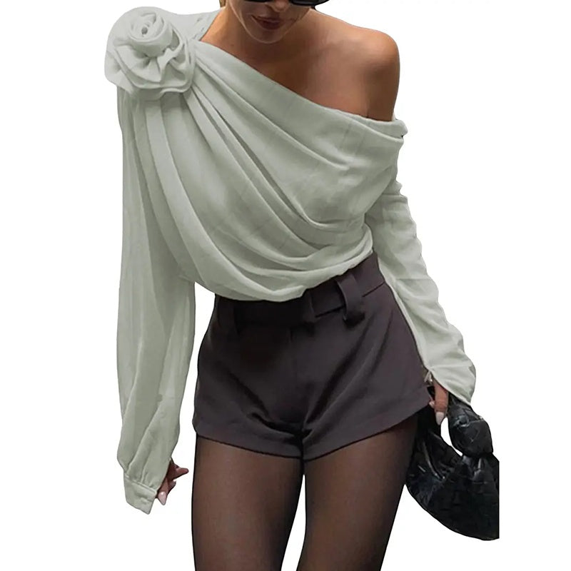 Women's Off Shoulder Tops Elegant Long Sleeve Asymmetrical Neck Ruched Chiffon Blouse Shirts Going Out Top Y2k Shirts
