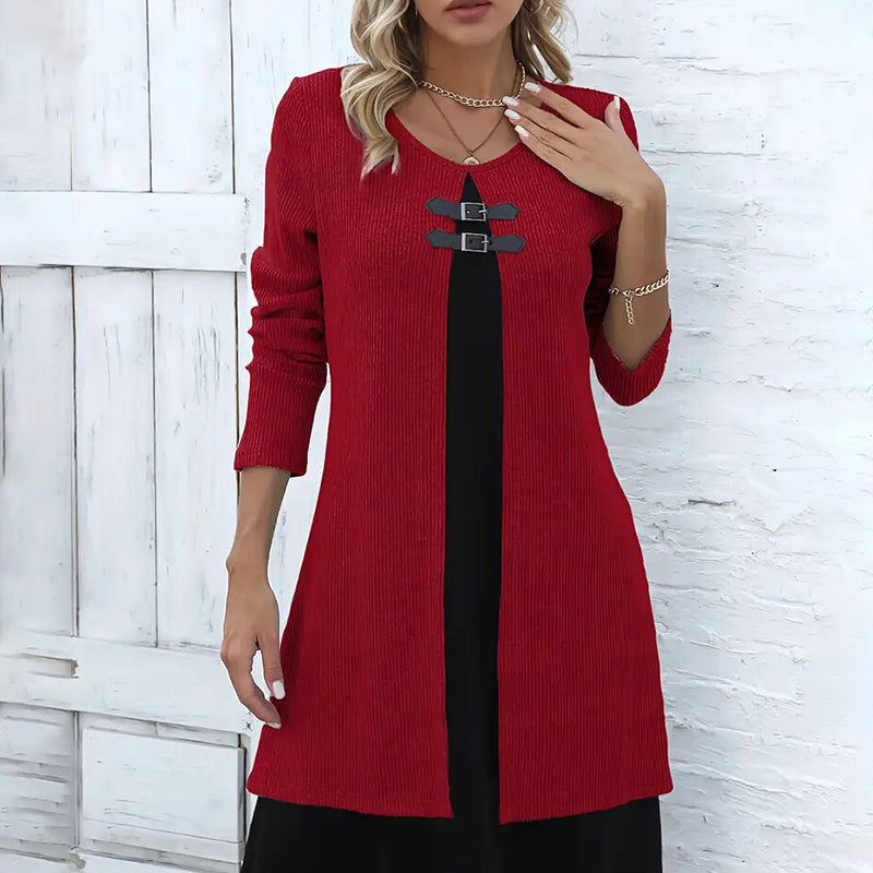 Women's Color-Block Midi Dress, Long Sleeve Faux Two-Piece Daily Dress
