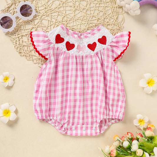 Newborn Baby Girls' Valentine's Day Smocked Romper Ruffle Sleeve Plaid Heart Embroidery Jumpsuit Casual Cute Romper
