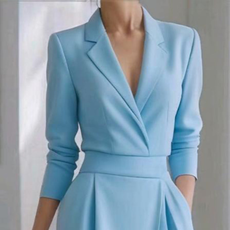 Women's Solid Color Lapel Midi Dress, Bodycon Asymmetrical Hem Dress With Pockets For Formal Occasions