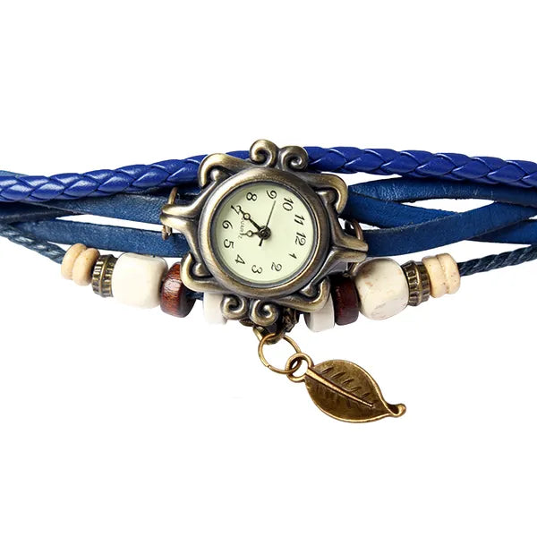 Beautiful Bohemian Style Retro Handmade Leather Tree Leaf Women's Watches Blue