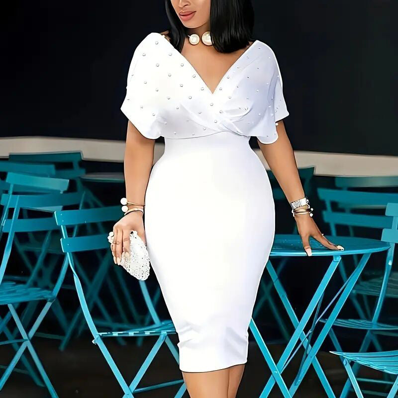 Women's Elegant Deep V Neck Wrap Bodycon Dress Back Zipper Pencil Midi Dress