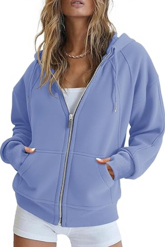 Fisoew Womens Zip Up Sweatshirts Fleece Lined Collar Crop Hoodie Casual Cotton Long Sleeve Tops With Thumb Hole