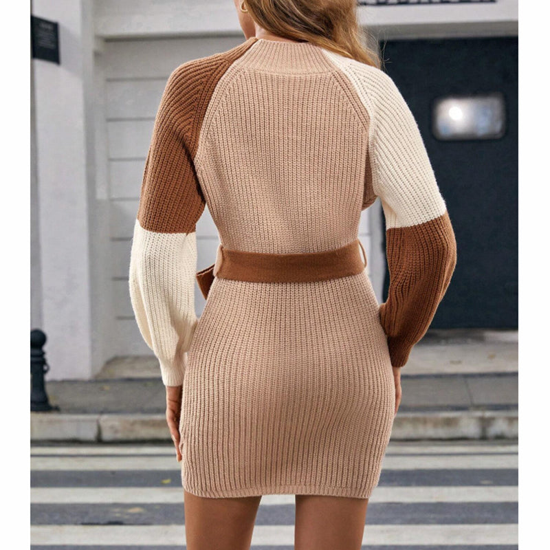 Women's Color Block Sweater Midi Dress - Fall Long Sleeve Bodycon Dress With Tie Waist