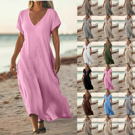 Cotton Linen V-neck Short Sleeve Loose Dress Women's Clothing