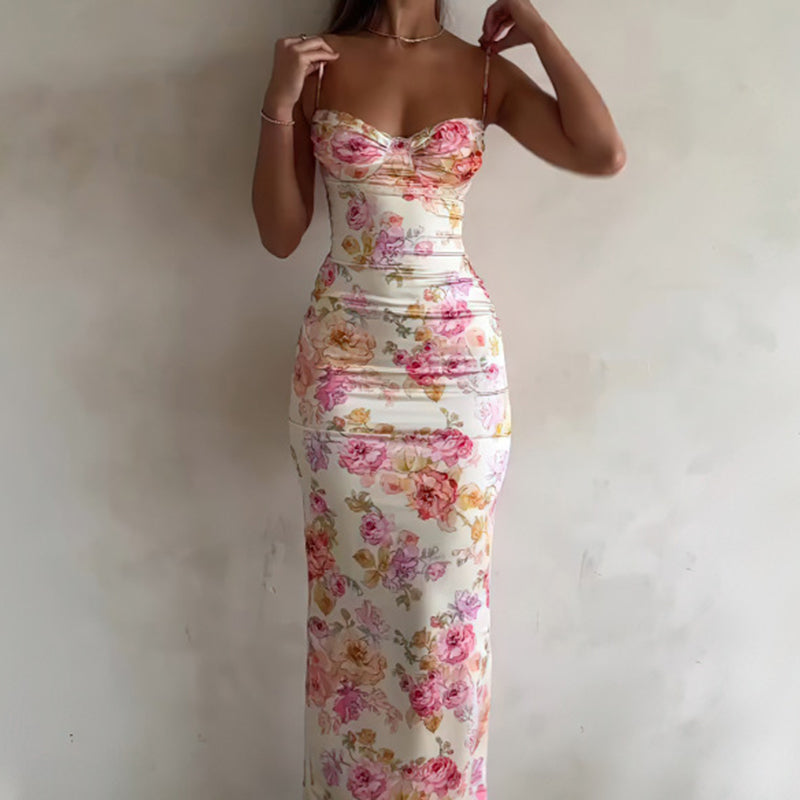 Women's Floral Bodycon Maxi Dress - Sexy Spaghetti Strap Vacation Dress