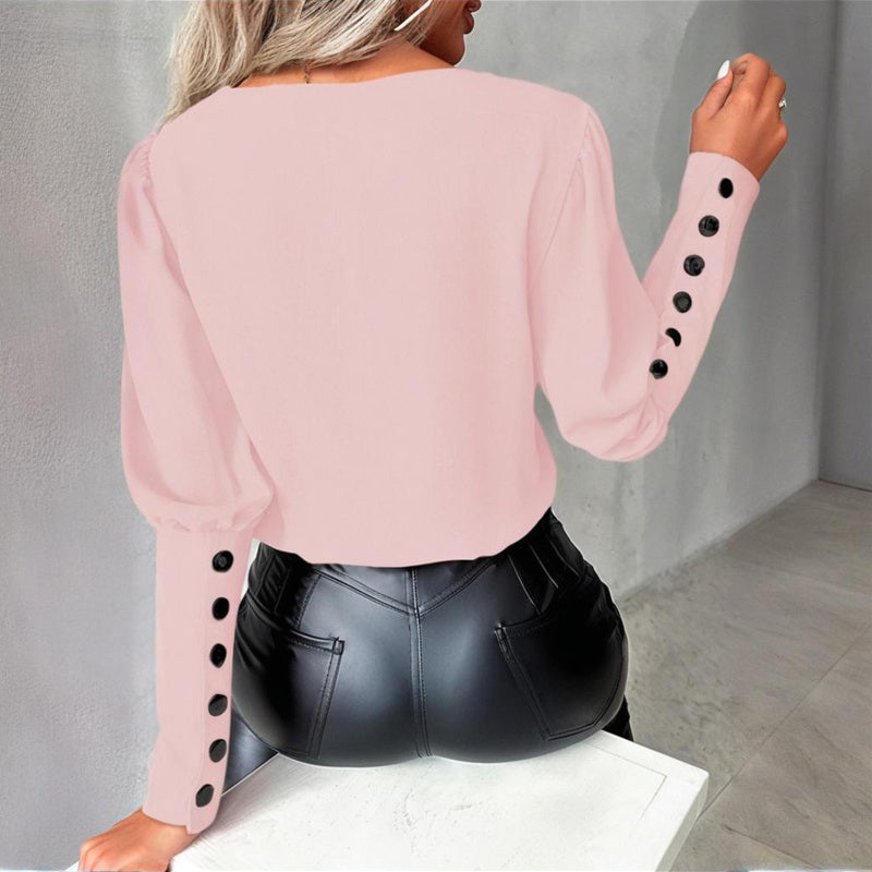 Women's V-Neck Contrast Trim Long Sleeve Blouse With Button Cuff Detail - Casual Comfort Top For Spring&Fall