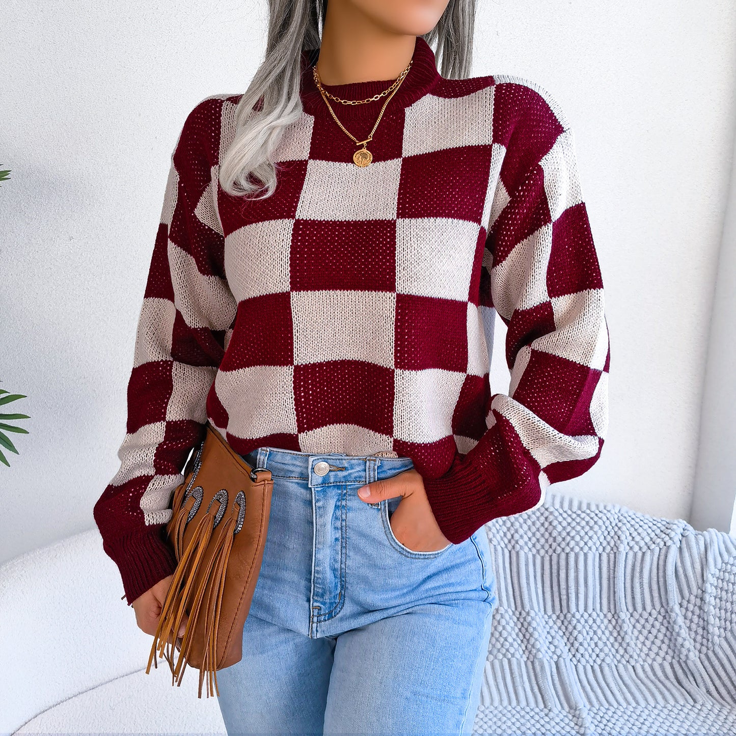 Women's Checkered Crewneck Sweater - 2025 Spring Fall Fashion Loose Pullover Top