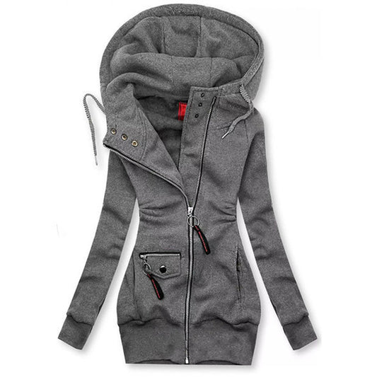 Women's Solid Color Long Sleeve Zip-Front Drawstring Hooded Jacket With Pockets Slim Fit Pleated Detail Top For Spring&Fall
