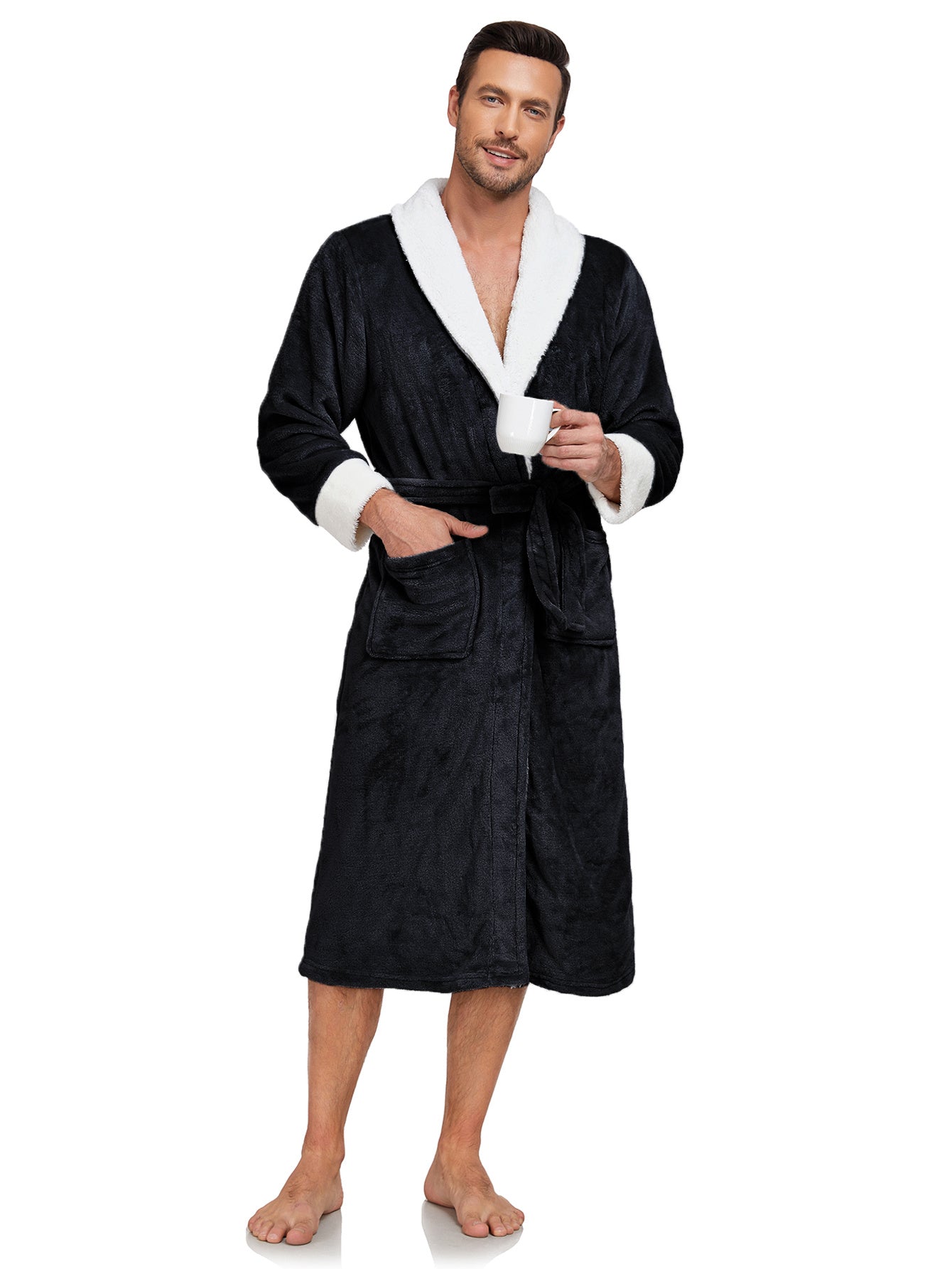 RONGTAI Men's Plush Long Bathrobe, Soft And Warm, Full Length, Shawl Collar, Fleece