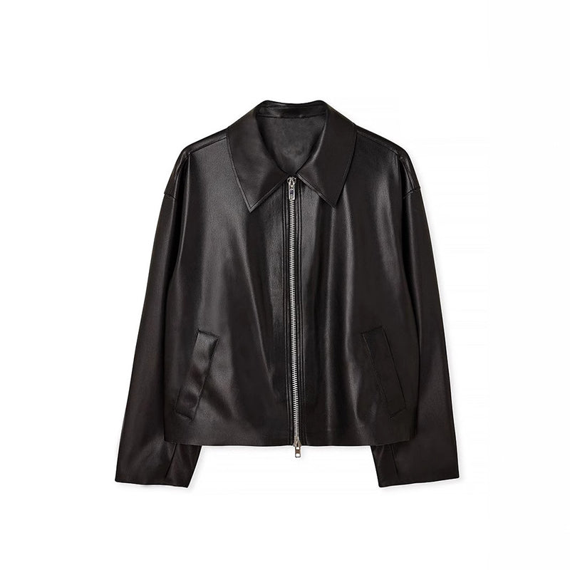 Women's Faux Leather Jacket, Cropped Zip Up Long Sleeve Casual Coat With Pockets